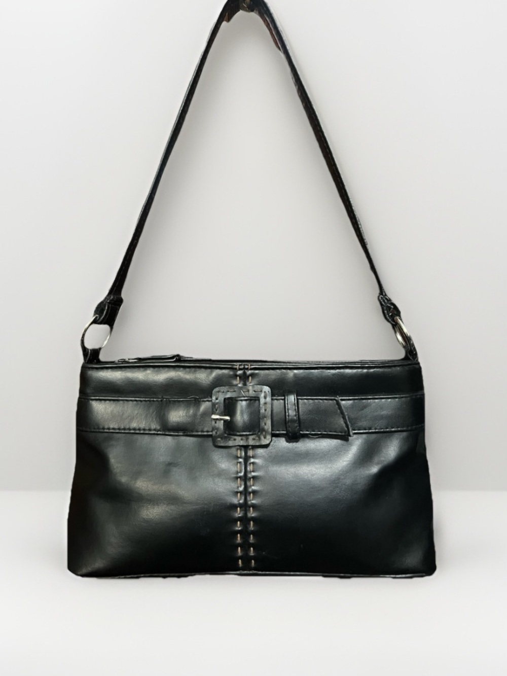 Y2K Classic Belt Buckle Black Faux Leather Shoulder Bag Purse